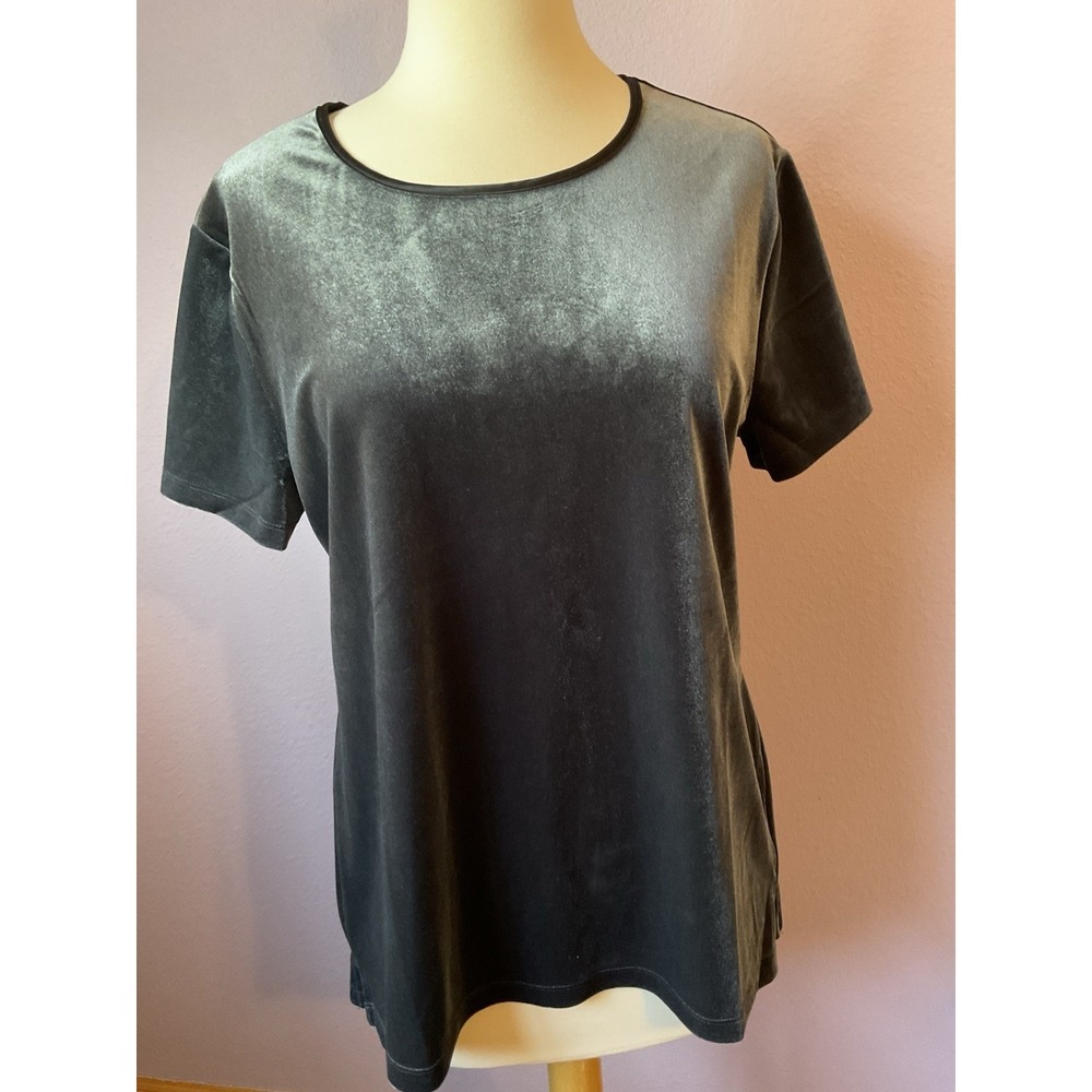 Land's End Dark Gray Velvet Short Sleeve Top Shirt Size Medium Cozy Soft